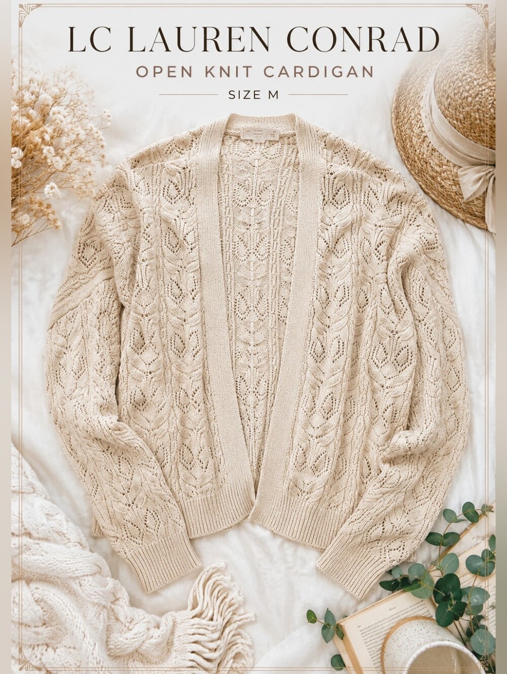 LC Lauren Conrad Open Knit Cable Cardigan Sweater Cream Size M Cottagecore - Picture 1 of 6